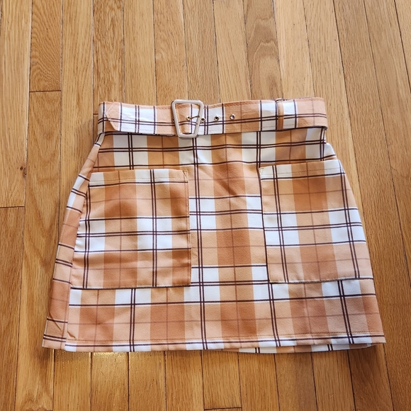 ASOS mustard yellow white plaid mini skirt belted 4P petite - Picture 2 of 8